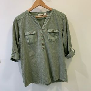 LL Bean, Olive green roll tab sleeve shirt.